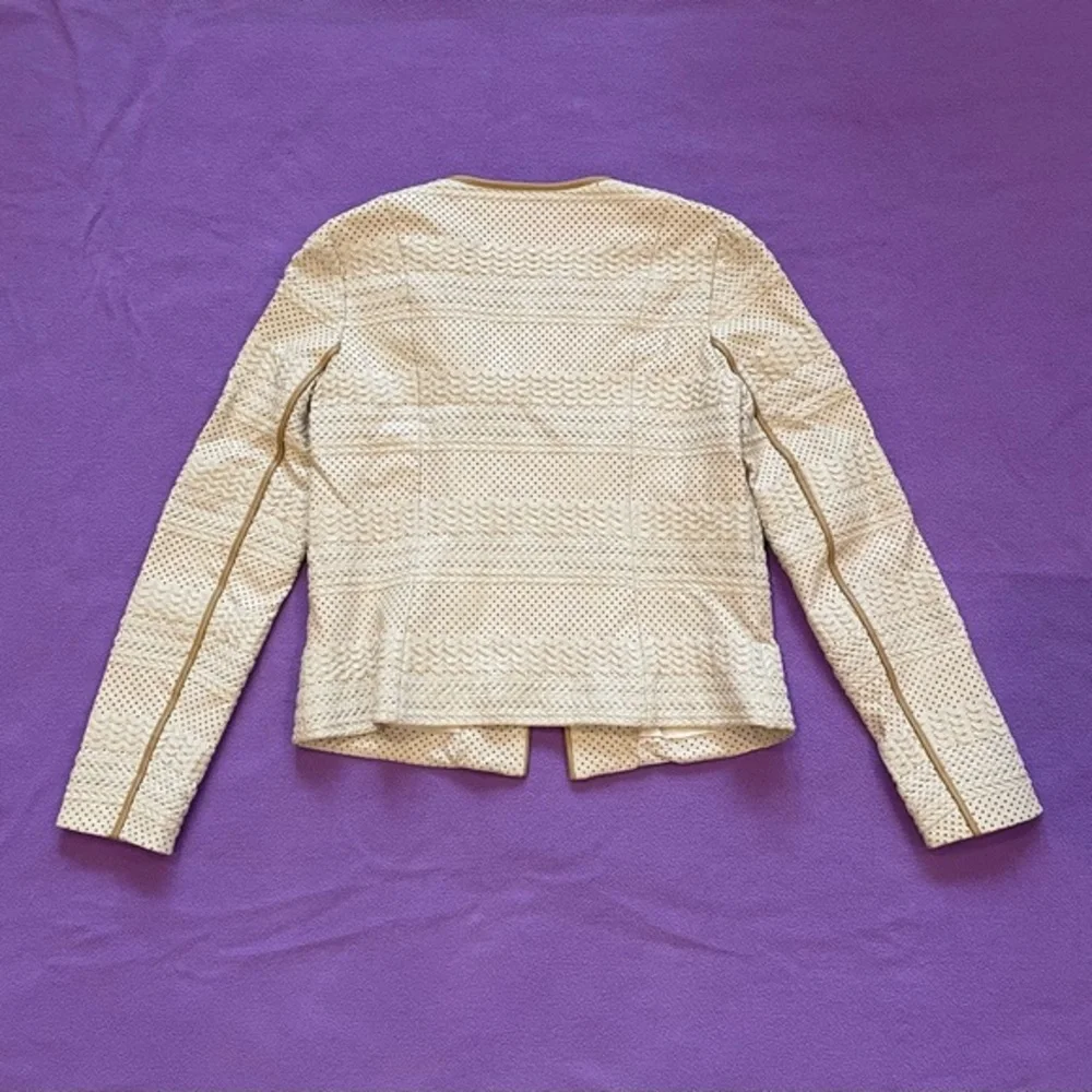 Tory‎ Burch Leather Jacket Woven Lasercut details Cream Tan trim Women’s 6